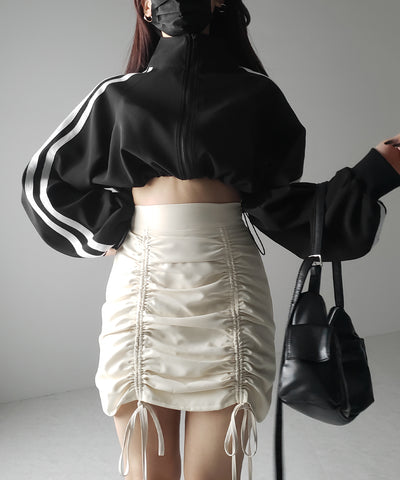 【 インパン裏地付 ／ セルフカット調節可能 】 ストラップダブルリボンシャーリングミニスカート ／ strap double ribbon shirring mini skirt