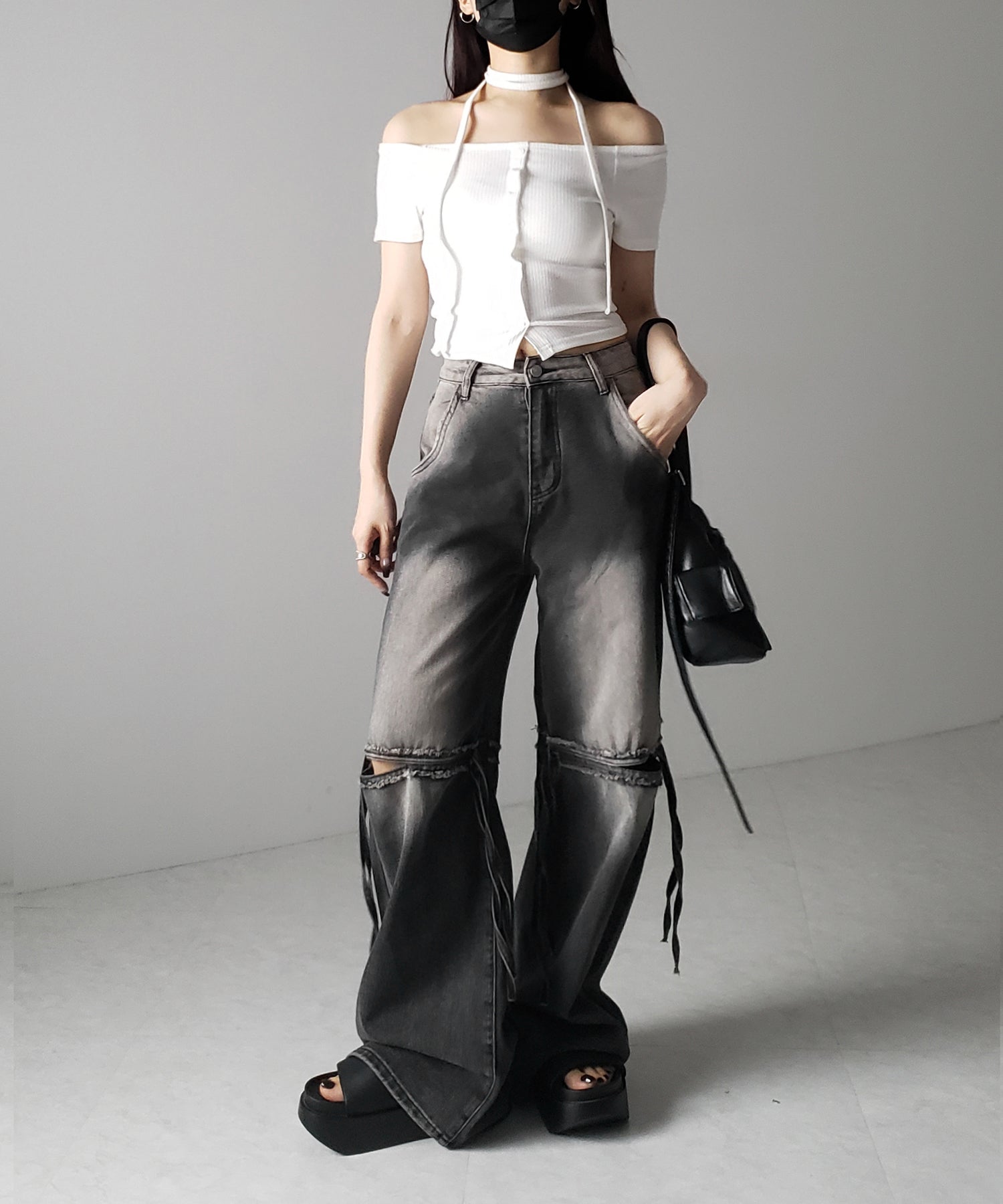【 ２WAY 】ストラップリボンオフショルダーリブトップス ／ strap ribbon off shoulder rib tops
