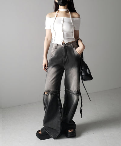 【 ２WAY 】ストラップリボンオフショルダーリブトップス ／ strap ribbon off shoulder rib tops