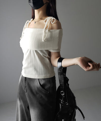 【 ２color 】ダブルリボンオフショルダーリブトップス ／ double ribbon off-shoulder rib tops