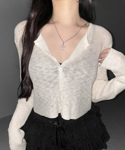 ラインストーンシアーニットカーディガン ／ Rhine stone sheer knit cardigan
