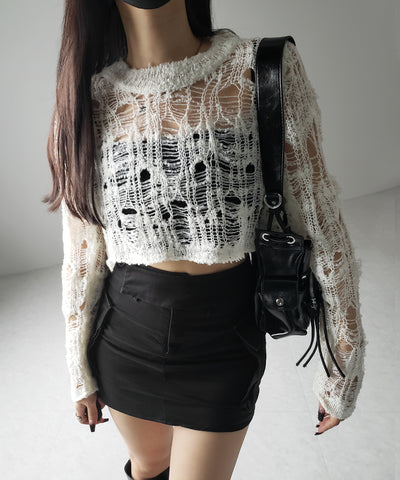 【 ２color 】クラッシュダメージショートシアーニット ／ crush damage short sheer knit