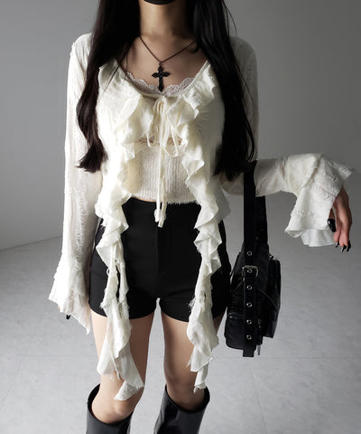 【 ２color 】ダメージフリルショートリボンカーディガン ／ damage frill short ribbon cardigan