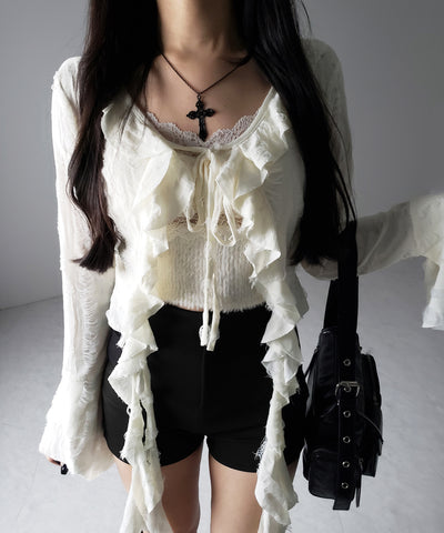 【 ２color 】ダメージフリルショートリボンカーディガン ／ damage frill short ribbon cardigan