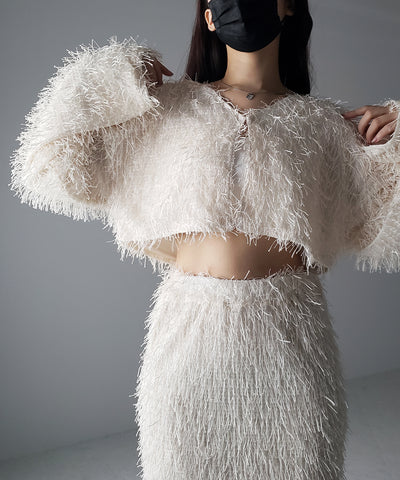 【 セットアップ可能 】シャギーフリンジショートカーディガン ／shaggy fringe short cardigan