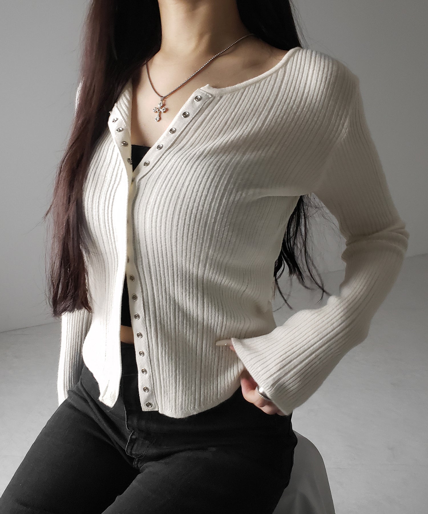 【 ３color 】スナップボタンリブニットスリムカーディガン ／ snap button rib knit slim cardigan