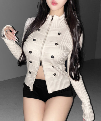 ナポレオンジップアップスリムリブニットカーディガン ／ Napoleon zipup slim rib knit cardigan