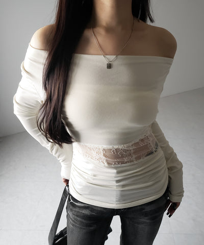 【 ２color 】ウエストレースカットアウトオフショルトップス ／ waist lace cutout offshoulder tops