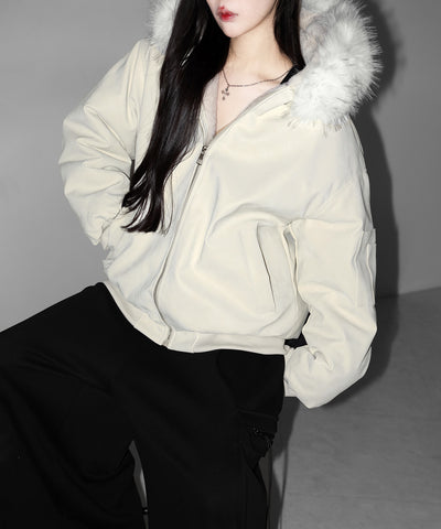 ファーフードヴィンテージフェイクレザーオーバーブルゾン ／ fur hooded vintage fake leather over blouson