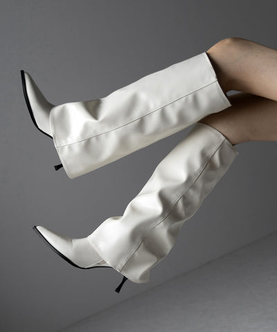 【 ２color 】ポインテッドトゥフェイクレザーカバーロングブーツ ／ pointed toe fake leather covered long boots