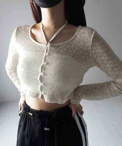 【 ２WAY 】クロスストラップリボンショートレースカーディガン ／ cross strap ribbon short lace cardigan