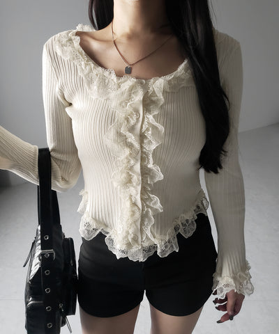 【 ３color 】レースフリルドッキングリブニットカーディガン ／ lace frill docking rib knit cardigan