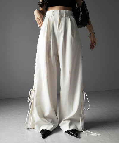 レースアップダブルタックワイドスラックス ／ laceup double tack wide slacks