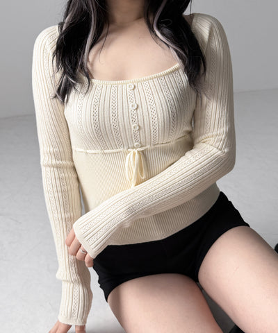 スリムフィット透かし柄リブニット / slim fit watermark pattern rib knit tops