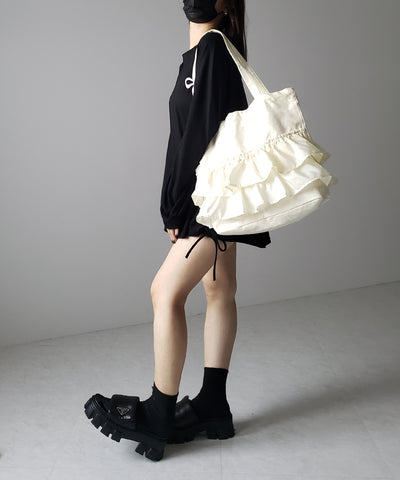 【 ２color 】ティアードフリルBIGキャンバストートバッグ ／ tiered frill big canvas tote bag