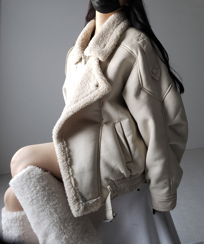 【 ２color 】フェイクレザーベルテッドボアムートンジャケット ／ fake leather belted boa mouton jacket