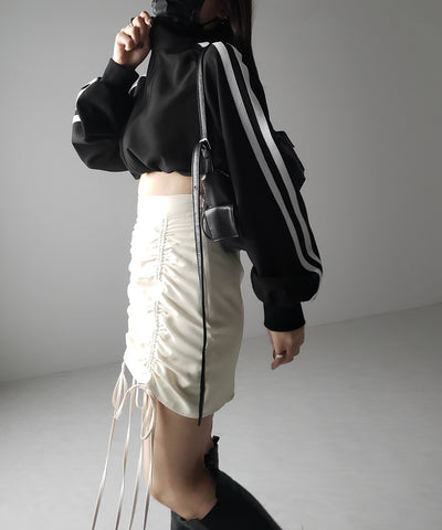【 インパン裏地付 ／ セルフカット調節可能 】 ストラップダブルリボンシャーリングミニスカート ／ strap double ribbon shirring mini skirt