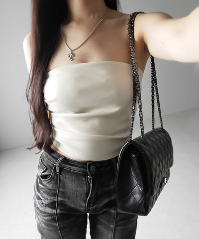【 ２color 】サイドタックフェイクレザーショートベアトップ ／ side tuck fake leather short bare tops