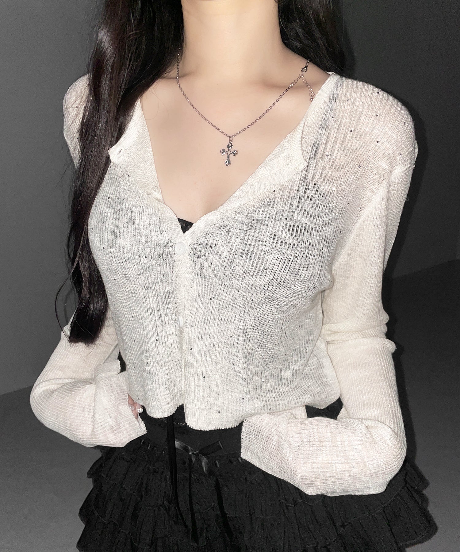 ラインストーンシアーニットカーディガン ／ Rhine stone sheer knit cardigan