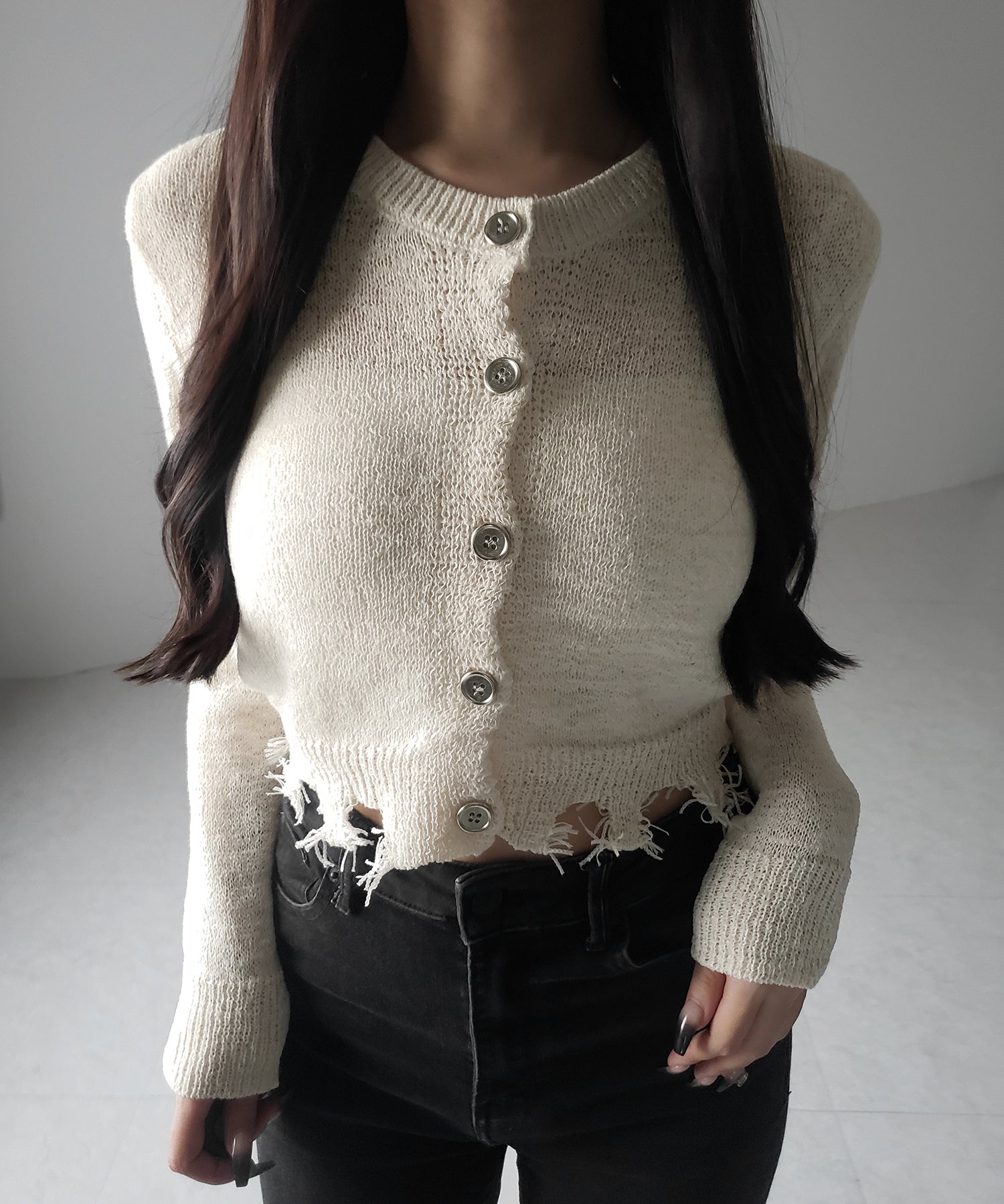 【 ３color 】ダメージシアーニットショートカーディガン ／ damage sheer knit short cardigan
