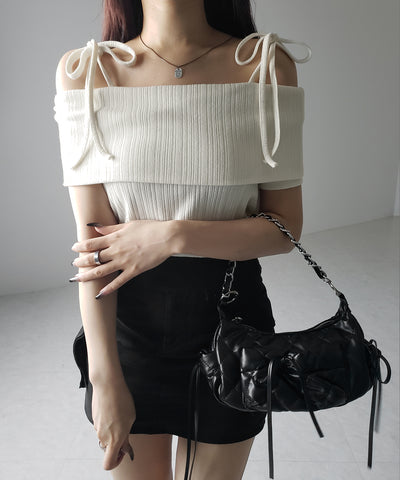 【 ２color 】ダブルリボンオフショルダーリブトップス ／ double ribbon off-shoulder rib tops