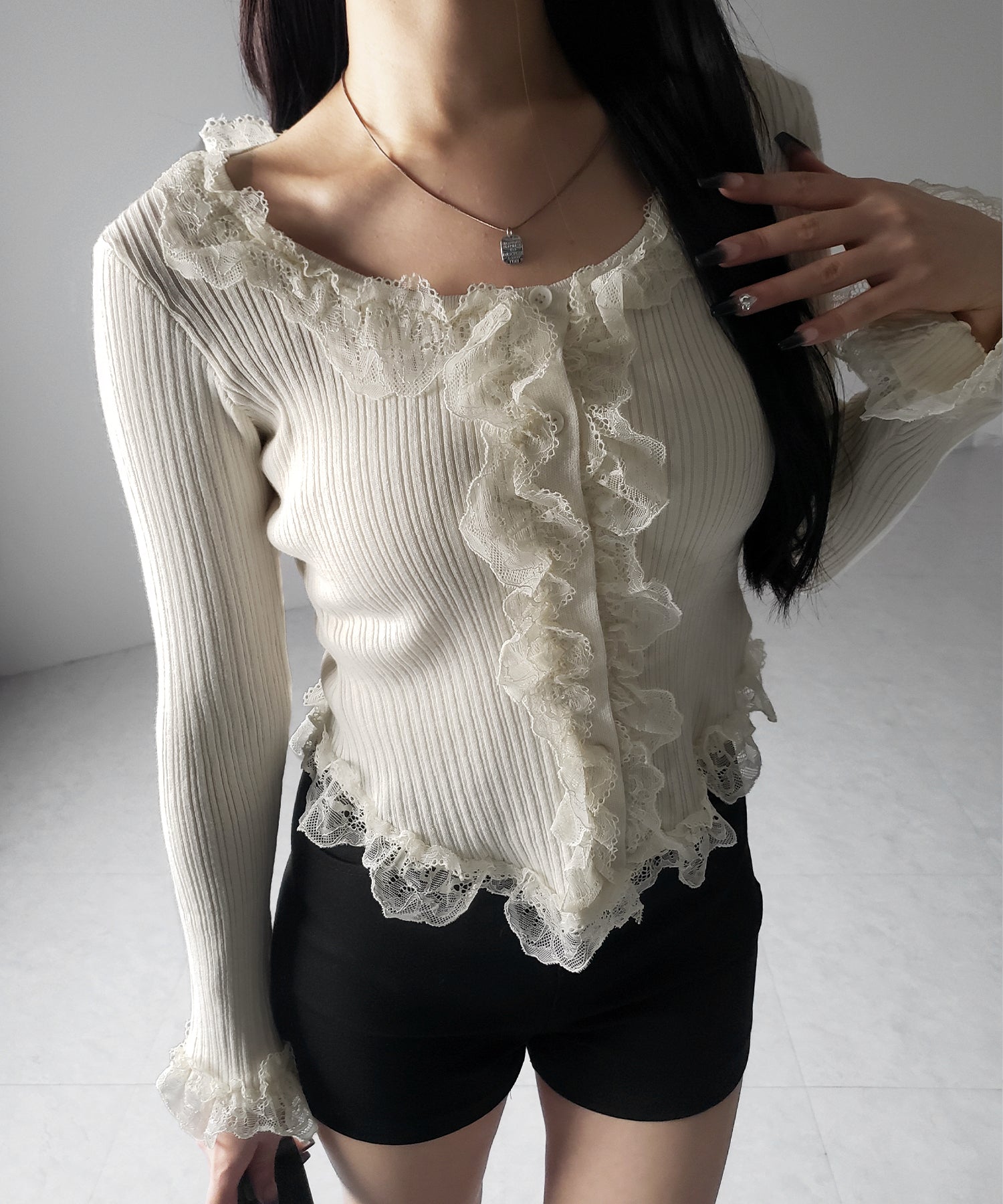 【 ３color 】レースフリルドッキングリブニットカーディガン ／ lace frill docking rib knit cardigan