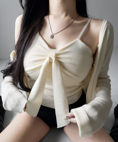 【 ２点セット 】リボンニットキャミソール ＋ カーディガンセット ／ribbon knit camisole + cardigan SET