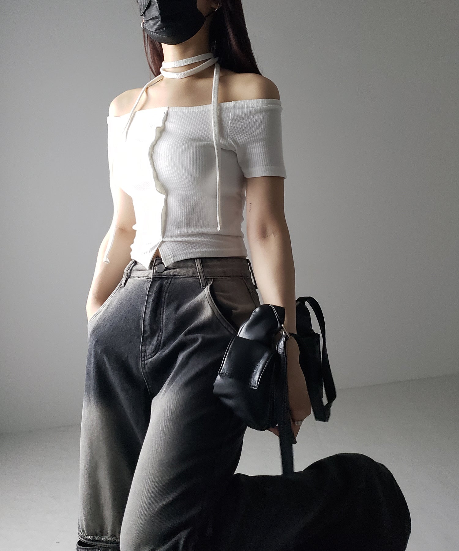 【 ２WAY 】ストラップリボンオフショルダーリブトップス ／ strap ribbon off shoulder rib tops