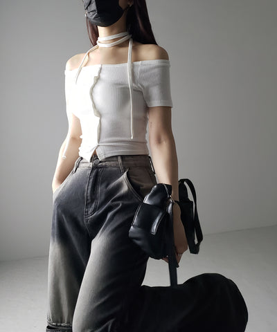 【 ２WAY 】ストラップリボンオフショルダーリブトップス ／ strap ribbon off shoulder rib tops