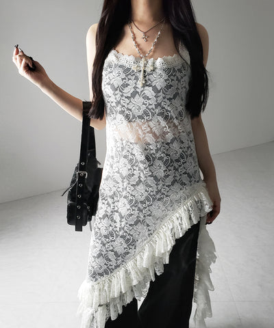 【 ２color 】アシンメトリーフリルレイヤードレースキャミワンピース ／ asymmetry frill layered lace cami onepiece