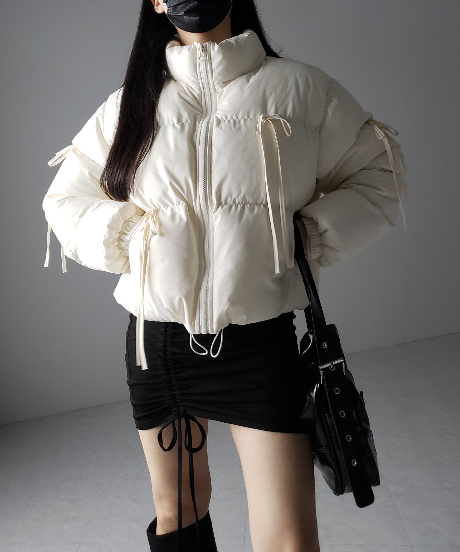 【 選べる３色展開 ／ 裾絞り可能２WAY 】ストラップリボンショートパフダウンジャケット ／ strap ribbon short puff down jacket