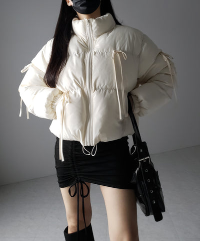 【 選べる３色展開 ／ 裾絞り可能２WAY 】ストラップリボンショートパフダウンジャケット ／ strap ribbon short puff down jacket