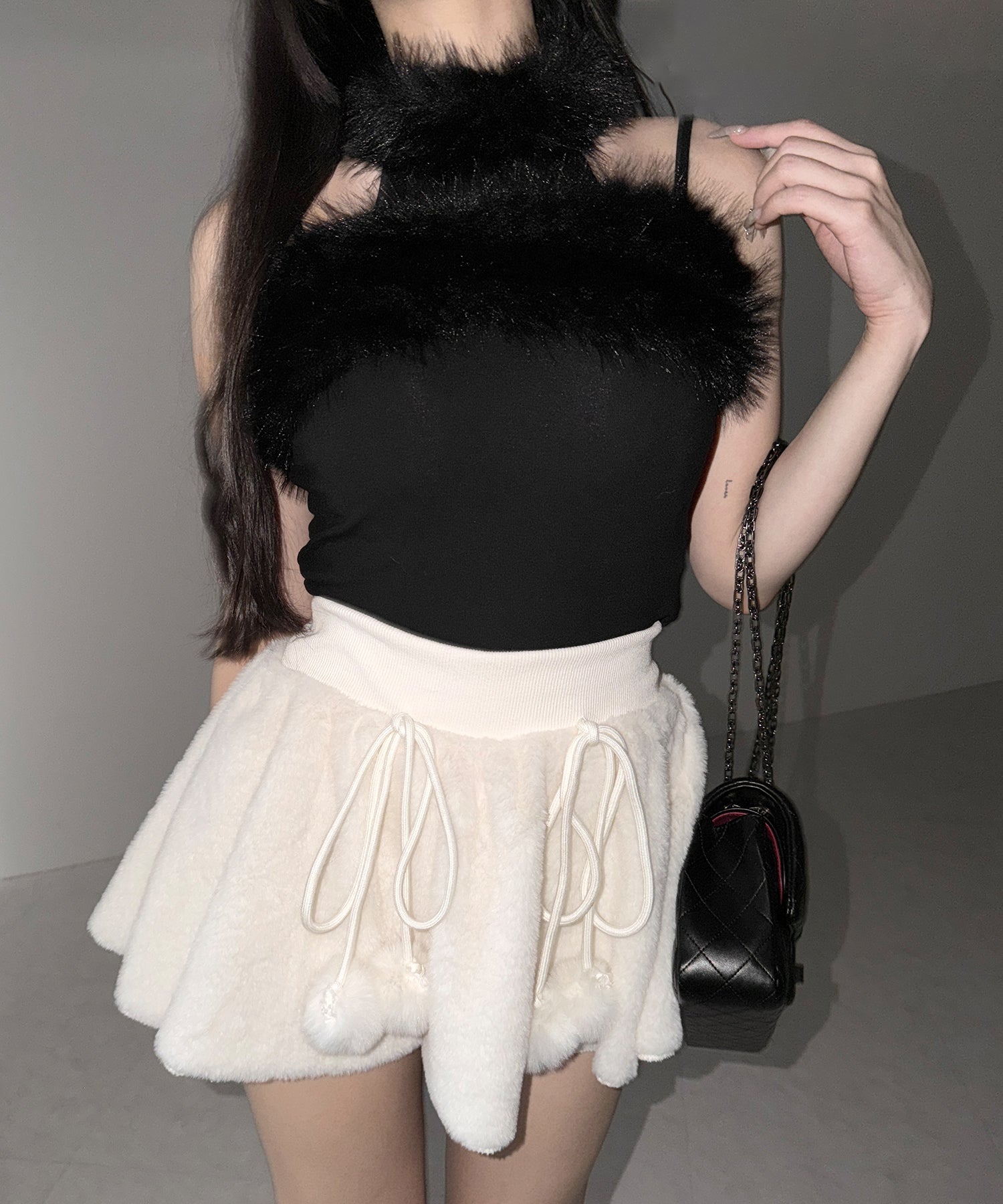 【 インパン裏地付き 】ポンポン付ファーフレアミニスカート ／ ponpon fur flare mini skirt