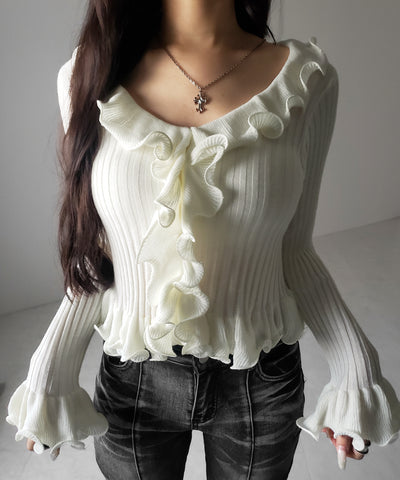 シアーフリル長袖リブニットカーディガン ／ sheer frill long-sleeve ribbed knit cardigan