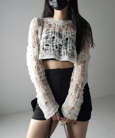 【 ２color 】クラッシュダメージショートシアーニット ／ crush damage short sheer knit
