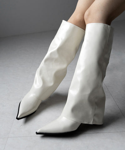 【 ２color 】ポインテッドトゥフェイクレザーカバーロングブーツ ／ pointed toe fake leather covered long boots