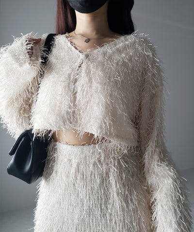 【 セットアップ可能 】シャギーフリンジショートカーディガン ／shaggy fringe short cardigan