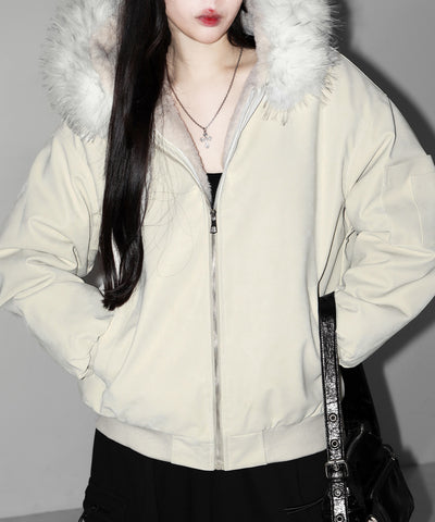 ファーフードヴィンテージフェイクレザーオーバーブルゾン ／ fur hooded vintage fake leather over blouson