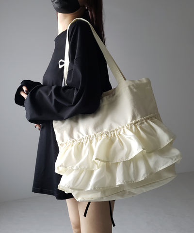【 ２color 】ティアードフリルBIGキャンバストートバッグ ／ tiered frill big canvas tote bag