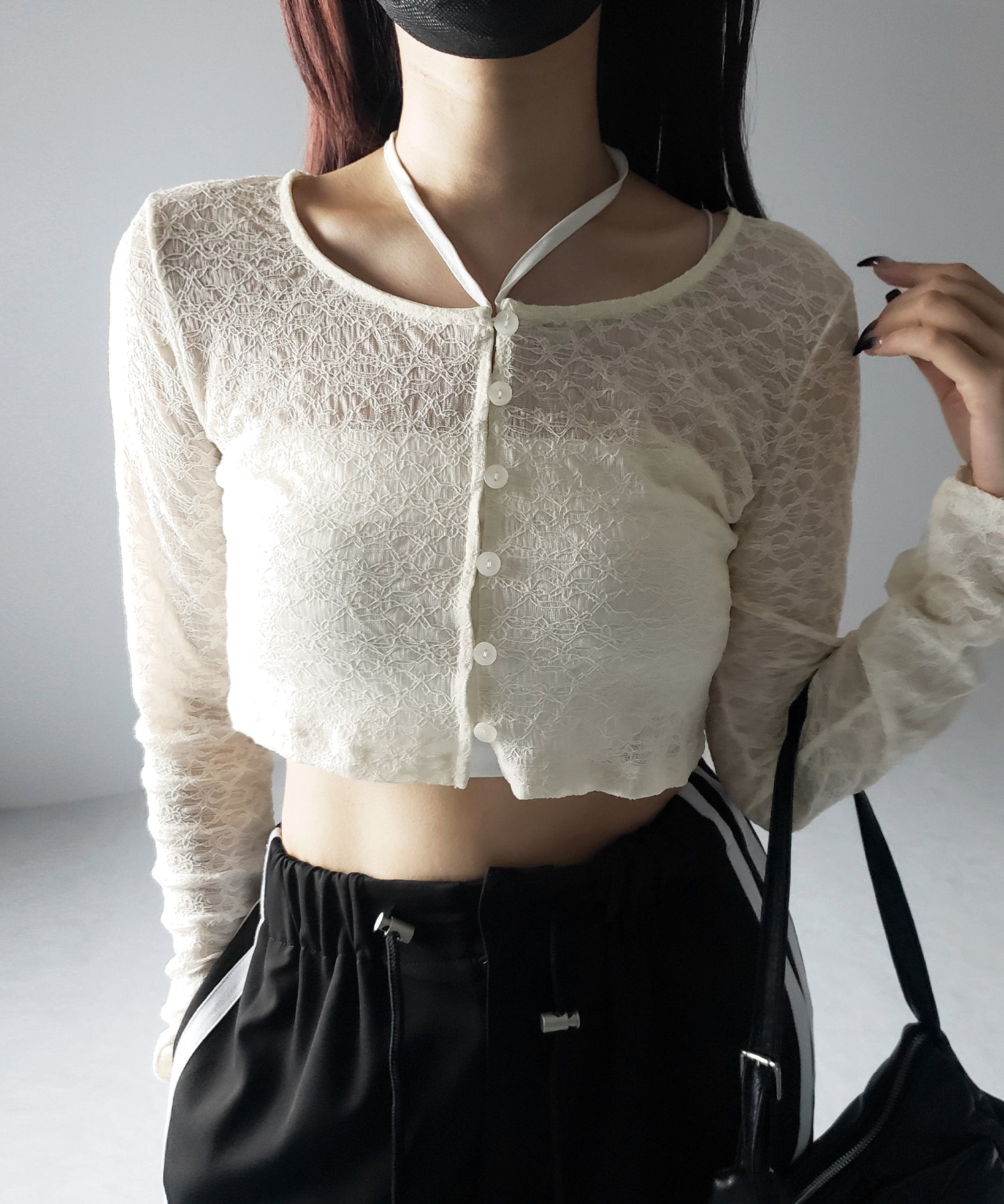 【 ２WAY 】クロスストラップリボンショートレースカーディガン ／ cross strap ribbon short lace cardigan