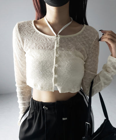 【 ２WAY 】クロスストラップリボンショートレースカーディガン ／ cross strap ribbon short lace cardigan