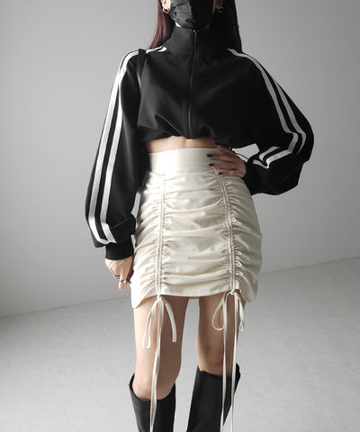 【 インパン裏地付 ／ セルフカット調節可能 】 ストラップダブルリボンシャーリングミニスカート ／ strap double ribbon shirring mini skirt