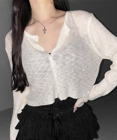 ラインストーンシアーニットカーディガン ／ Rhine stone sheer knit cardigan