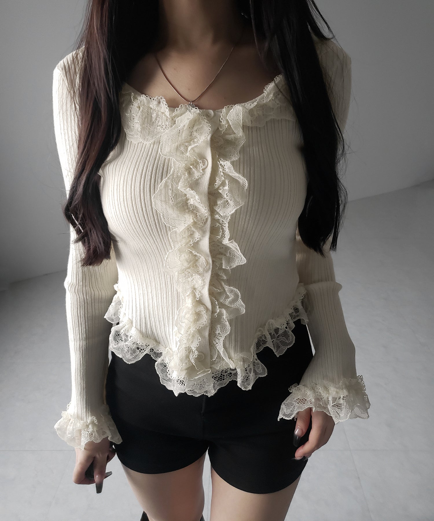 【 ３color 】レースフリルドッキングリブニットカーディガン ／ lace frill docking rib knit cardigan