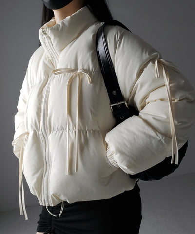 【 選べる３色展開 ／ 裾絞り可能２WAY 】ストラップリボンショートパフダウンジャケット ／ strap ribbon short puff down jacket