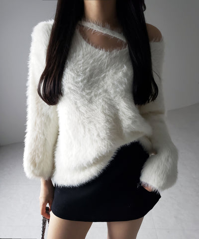【 ３color 】ナナメストラップカットアウトシャギーニット ／ naname strap cutout shaggy knit