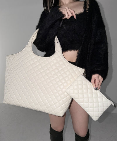 【 A4収納可 】フェイクレザーキルティングトートバッグ ／ fake leather quilted tote bag