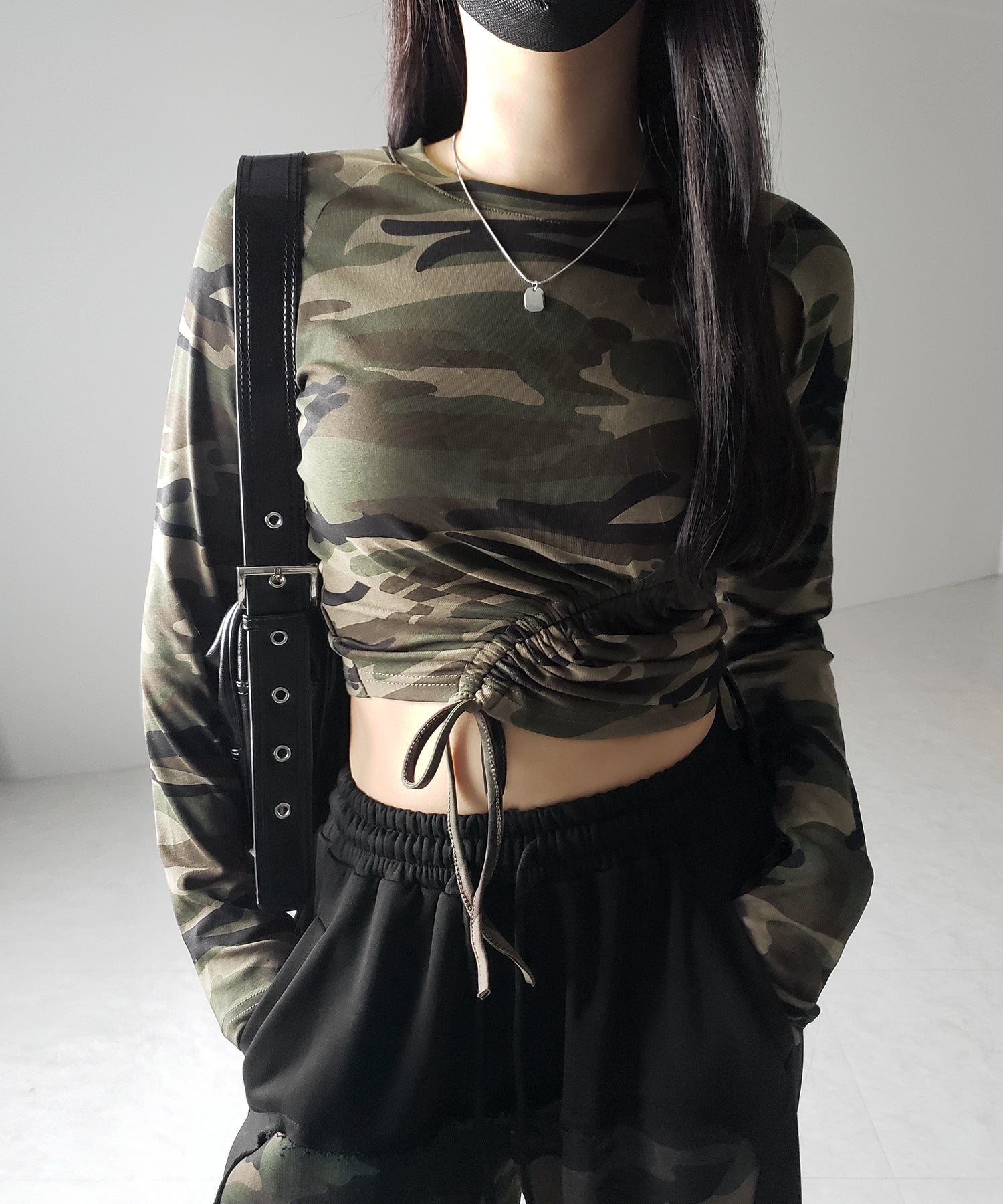 サイドシャーリングカモフラミリタリートップス ／ side shirring camouflage military tops