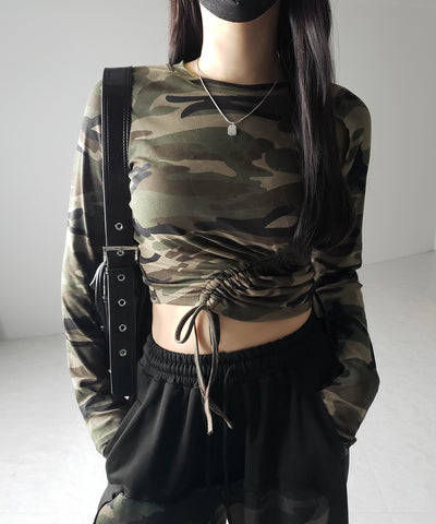 サイドシャーリングカモフラミリタリートップス ／ side shirring camouflage military tops
