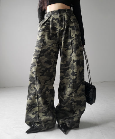 【 ２color ／ ４size 】ダブルタックヴィンテージカモフラージュワイドパンツ ／ double tuck vintage camouflage wide pants